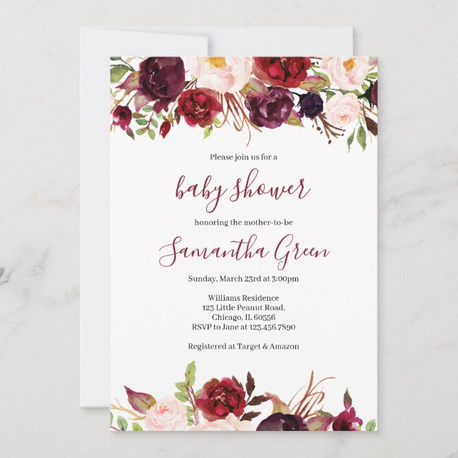 Burgundy Floral Baby Shower Invitation (Front)