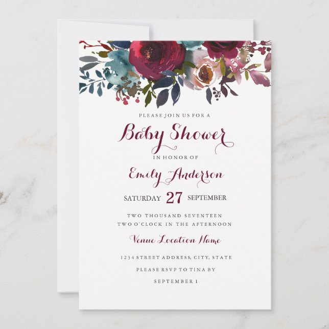 Burgundy Floral Baby Shower Invitation (Front)