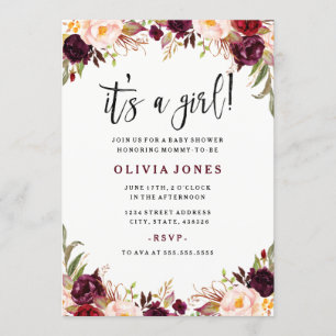 Burgundy Floral Baby Shower Invitation