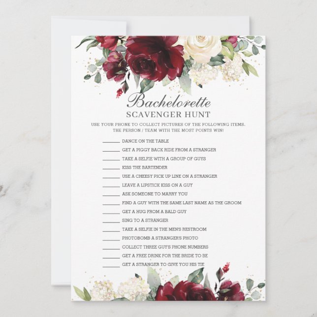 Burgundy Floral Bachelorette Scavenger Hunt Game  Invitation (Front)