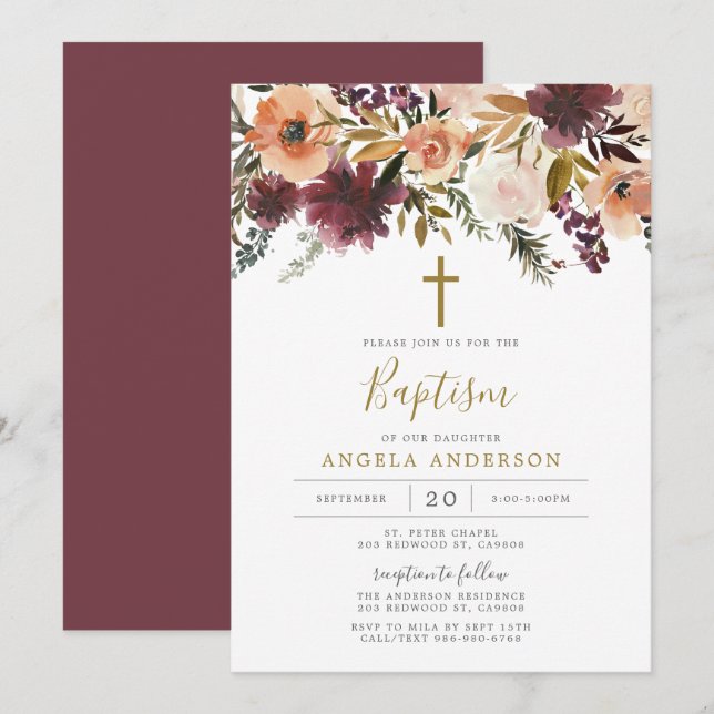 Burgundy Floral Baptism/Christening Invitation (Front/Back)