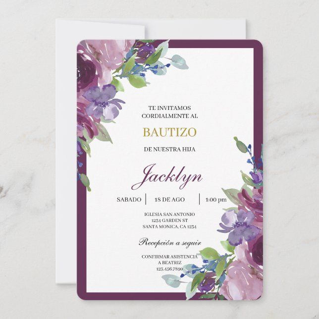 Burgundy floral baptism  invitation (Front)