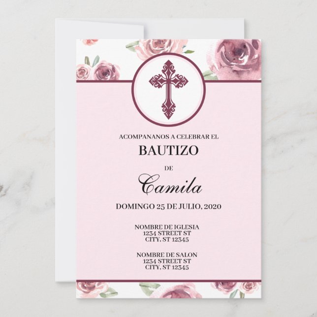 BURGUNDY FLORAL BAPTISM INVITATION  (Front)