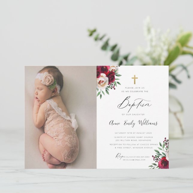 Burgundy Floral Baptism Invitation With Photo (Standing Front)