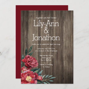 Burgundy Floral Barn Wood Rustic Wedding Invitation