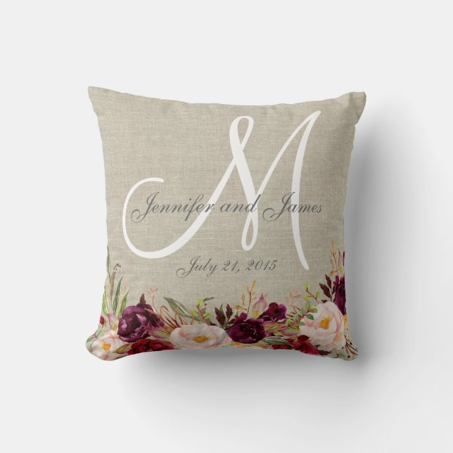 Burgundy Floral Beige Linen Monogram Wedding Cushion (Front)