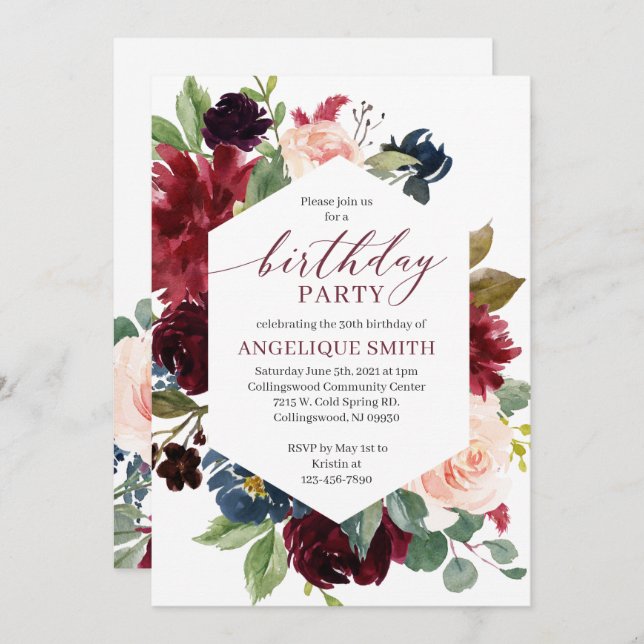 Burgundy Floral Birthday Invitation Adult (Front/Back)