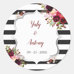 Burgundy Floral Black and White Stripes Classic Round Sticker
