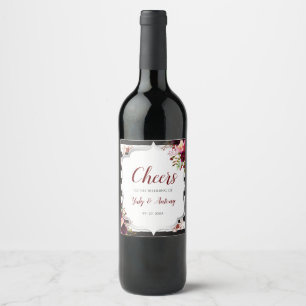 Burgundy Floral Black and White Stripes Wedding  Wine Label