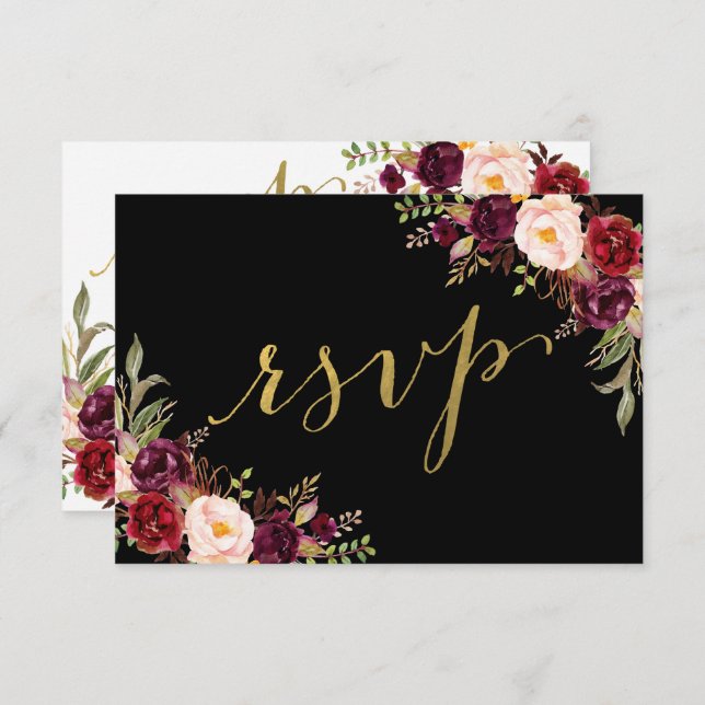 Burgundy Floral Black Faux Gold Foil Wedding RSVP Invitation (Front/Back)