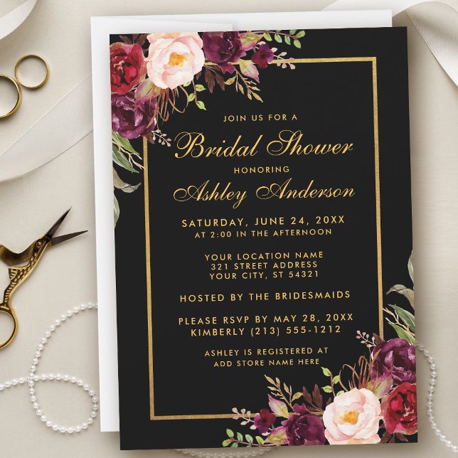 Burgundy Floral Black Gold Bridal Shower Invitation (Customize to change text color, style, add text & photos to back or change color of back of card.)