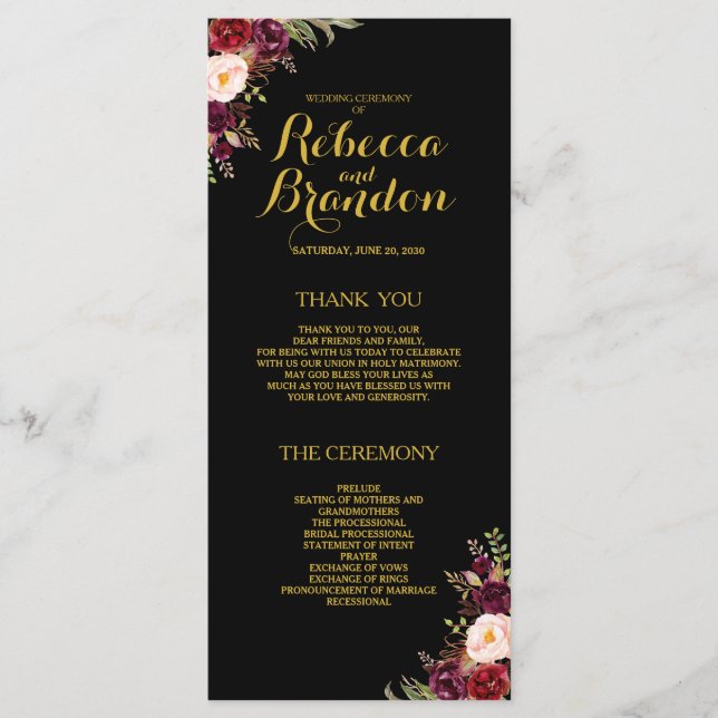 Burgundy Floral Black Gold Custom Wedding Program (Front)