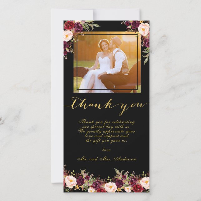 Burgundy Floral Black Gold Photo Wedding Thank You (Front)