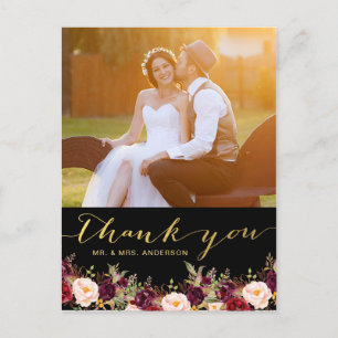 Burgundy Floral Black Gold Photo Wedding Thank You Postcard