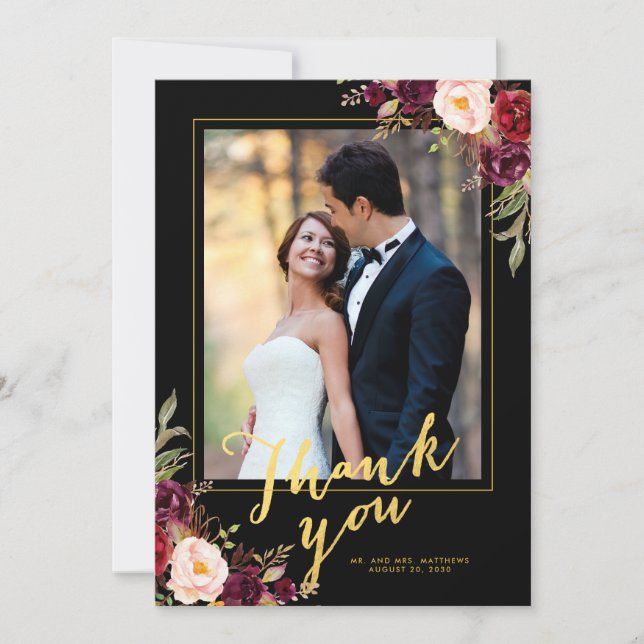 Burgundy Floral Black Gold Script Wedding Photo Thank You Card (Front)