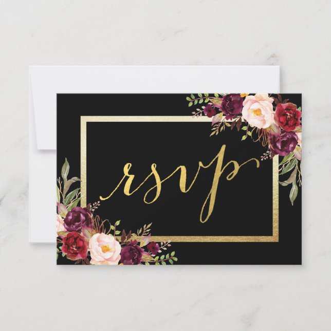 Burgundy Floral Black Gold Script Wedding RSVP Card (Front)