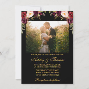 Burgundy Floral Black Gold Wedding Photo Invitation