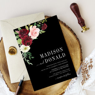 burgundy floral black wedding invitation