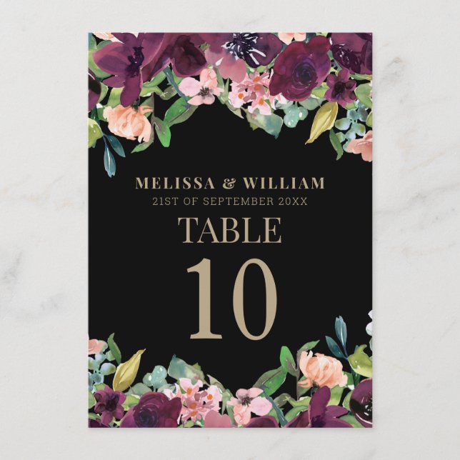 Burgundy Floral Black Wedding Table Numbers (Front)