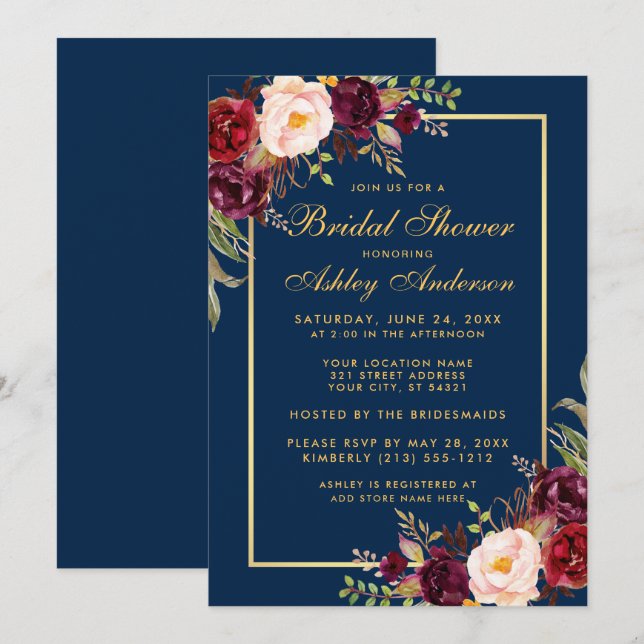 Burgundy Floral Blue Gold Bridal Shower Invite (Front/Back)
