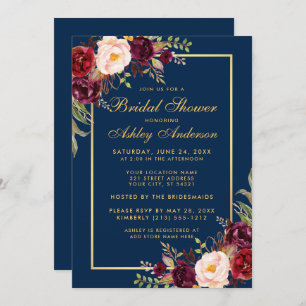 Burgundy Floral Blue Gold Bridal Shower Invite