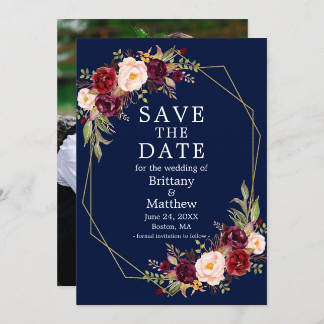 Burgundy Floral Blue Gold Geo Frame Photo Save The Date (Front/Back)