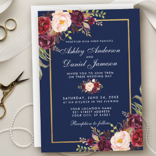 Burgundy Floral Blue Gold Wedding Invitation WB
