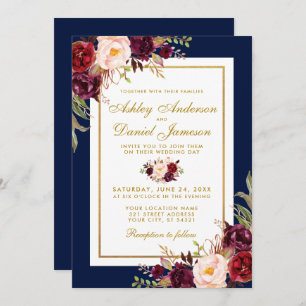 Burgundy Floral Blue Gold Wedding Invite