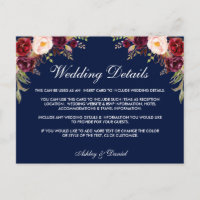 Burgundy Floral Blue Wedding Details Insert Card