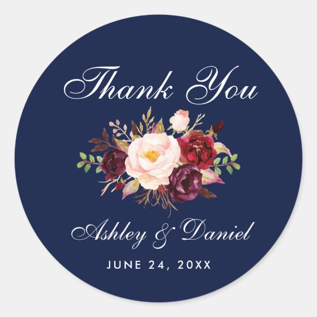 Burgundy Floral Blue Wedding Thank You L Classic Round Sticker (Front)