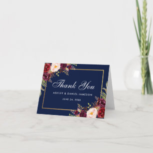 Burgundy Floral Blue Wedding Thanks Note Thank You Card