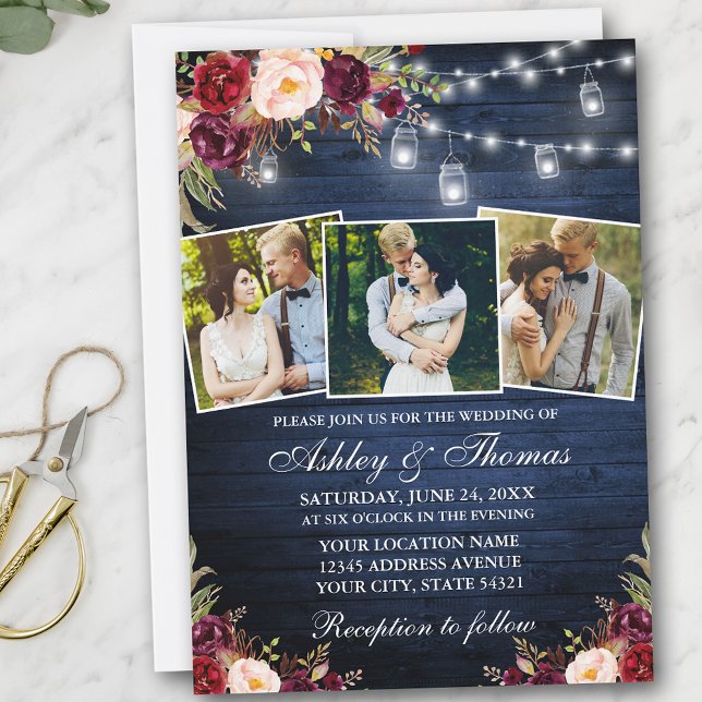 Burgundy Floral Blue Wood 3 Photo Lights Wedding Invitation (Customize to add more text or more photos to back of card.)