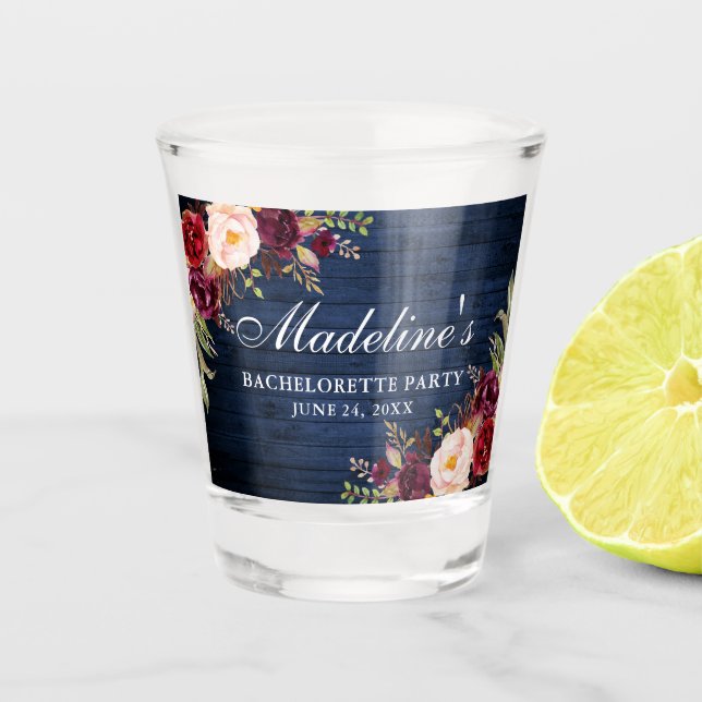 Burgundy Floral Blue Wood Bachelorette Party Shot Glass (Front)