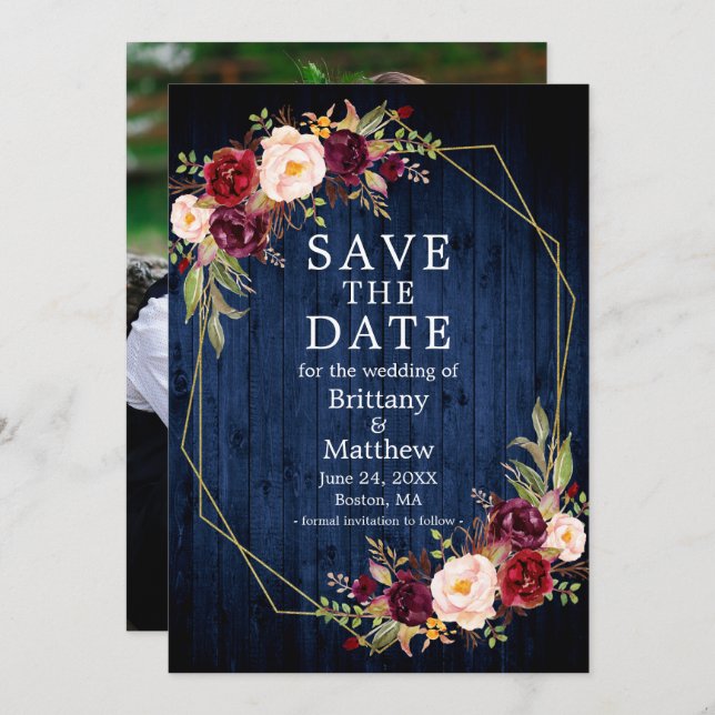 Burgundy Floral Blue Wood Geo Frame Photo Save The Date (Front/Back)