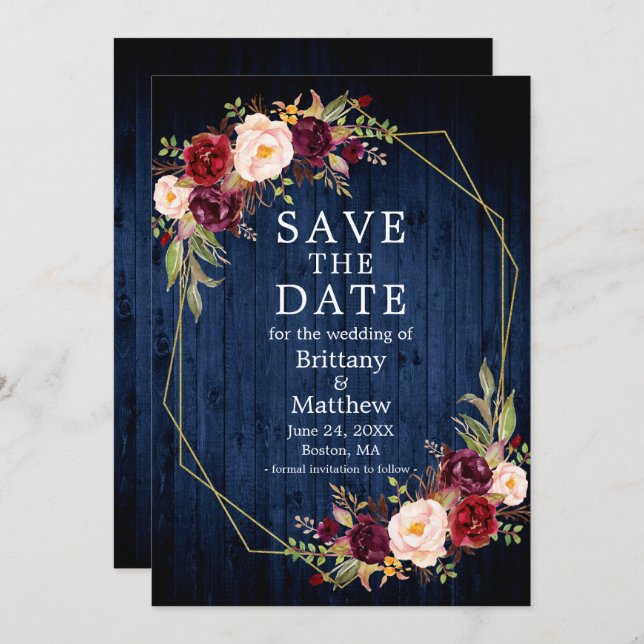 Burgundy Floral Blue Wood Gold Geo Frame Save The Date (Front/Back)