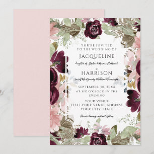 Burgundy Floral Blush Fall Foliage Elegant Wedding Invitation