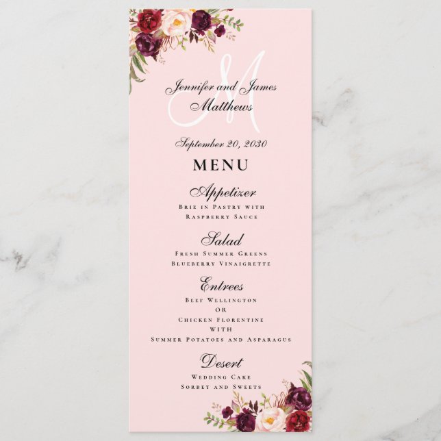 Burgundy Floral Blush Pink Script Monogram Wedding Menu (Front)