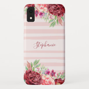 Burgundy Floral Blush Stripes Watercolor Monogram iPhone XR Case