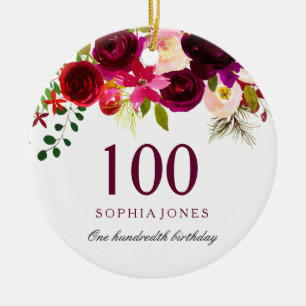Burgundy Floral Boho 100th Birthday Gift Ceramic Tree Decoration