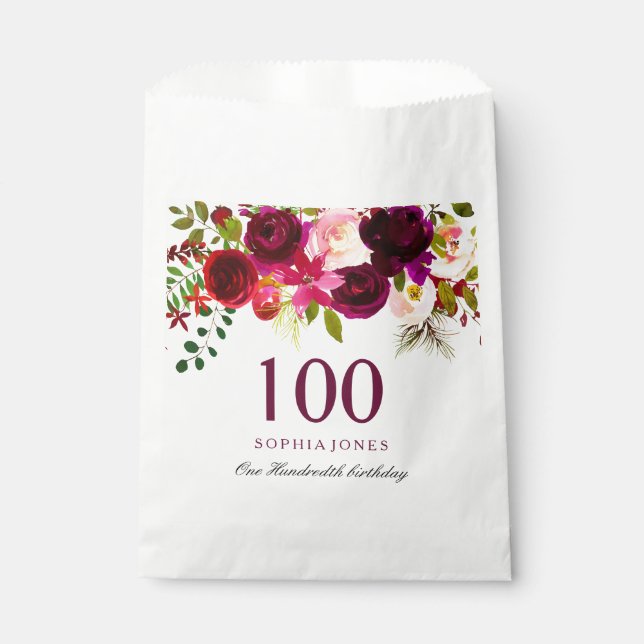 Burgundy Floral Boho 100th Birthday Party Favour Bag (Front)