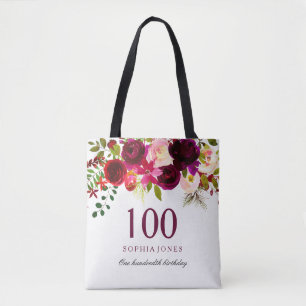 Burgundy Floral Boho 100th Birthday Party Tote Bag