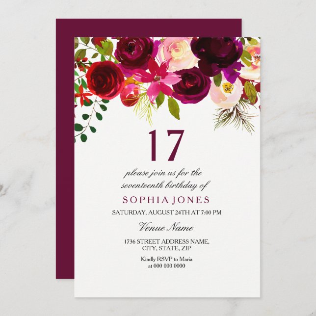Burgundy Floral Boho 17th Birthday Party Invite (Front/Back)