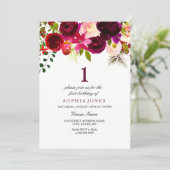 Burgundy Floral Boho 1st Birthday Party Invite (Standing Front)