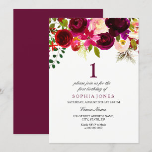 Burgundy Floral Boho 1st Birthday Party Invite