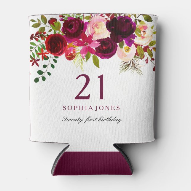 Burgundy Floral Boho 21st Birthday Party Can Cooler (Front)
