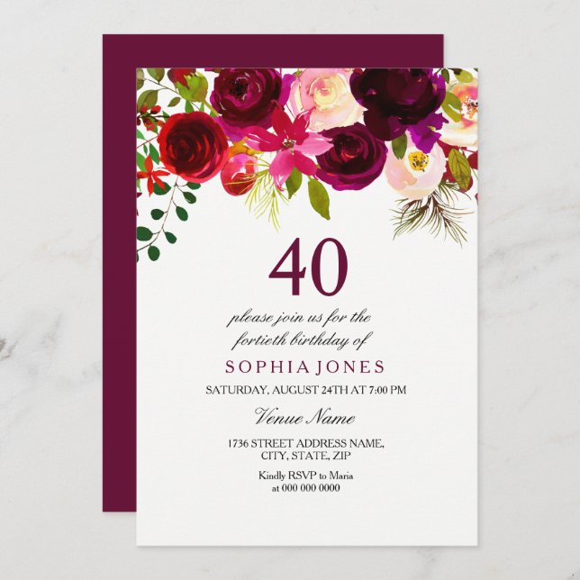 Burgundy Floral Boho 40th Birthday Party Invite (Front/Back)
