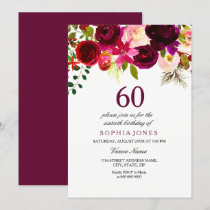Burgundy Floral Boho 60th Birthday Party Invite