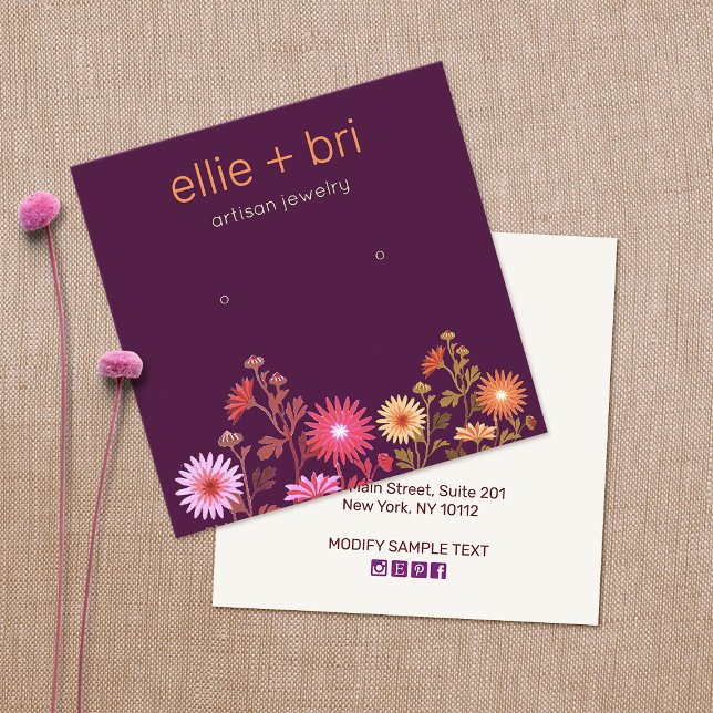 Burgundy Floral Boho Black Stud Earring Display Square Business Card (Creator Uploaded)