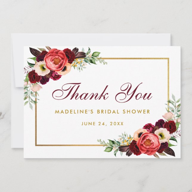 Burgundy Floral Boho Bridal Shower Thanks Card BW (Front)