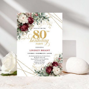 Burgundy Floral Boho Greenery 80th Birthday Invitation